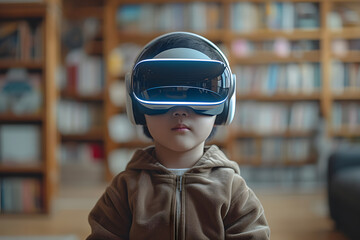 A kid wearing VR goggles at school.