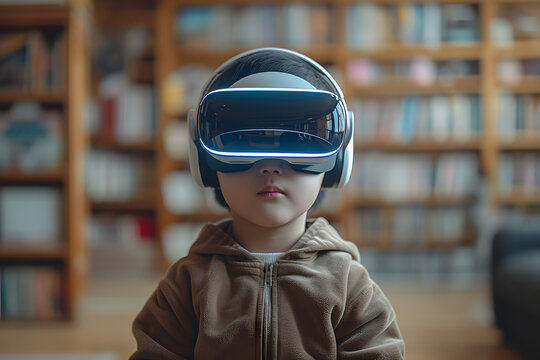 A kid wearing VR goggles at school.
