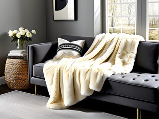 Cozy Elegance: Fur Blankets Enhancing Tactile Comfort on Sofa