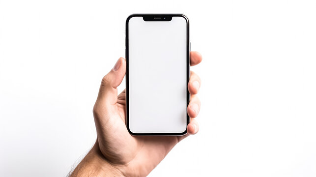 A male hand holds a smartphone mockup with a white screen, offering ample space for customizable text or graphics. Perfect for presentations. - Powered by Adobe