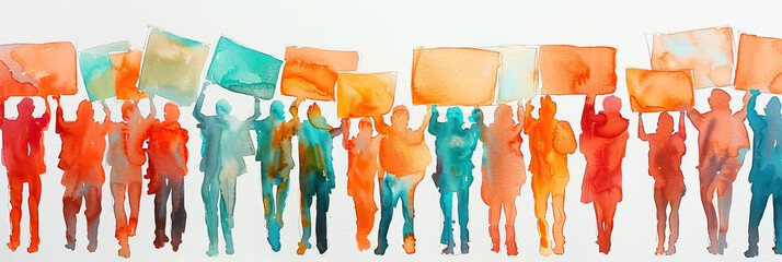 Colorful watercolor painting of a protest march. Young people are fighting for human rights, gender equality and against climate change.