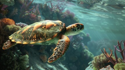 Obraz premium Amidst the coral reef, a sea turtle glides gracefully, its serene journey a testament to the ocean's tranquility. 