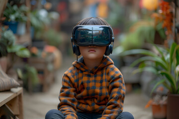 A kid wearing VR goggles at school. 
