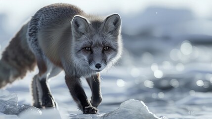 Obraz premium Camouflaged against the icy backdrop, an arctic fox navigates the frozen landscapes of the Arctic with stealth and agility, embodying the resilience of polar wildlife. 