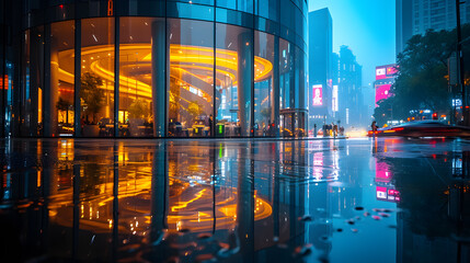 modern buildings in capital city with light reflection from puddles on street. Concept for night life, never sleep business district center  - obrazy, fototapety, plakaty
