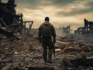 Foto op Canvas A somber soldier stands alone in the remnants of destruction, a witness to the ravages of war. © Szalai