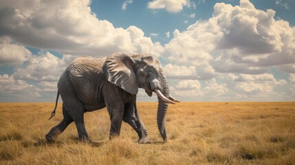 Fototapeta premium Majestic and serene, an elephant strolls gracefully through the vast African savannah, embodying the spirit of the wild. 