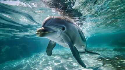 Obraz premium A dolphin gracefully swims through crystal-clear ocean waters, its sleek body gliding effortlessly. 