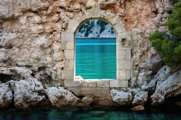 Stone Window overlooking Razanac Turquoise Waterfront in Croatia's Adriatic Coast Architecture: