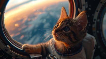Kitten Looking Out of Window in Spacecraft