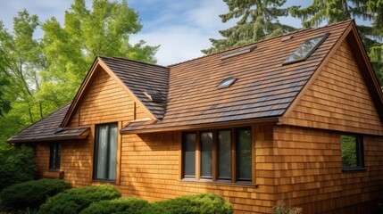 Fototapeta na wymiar Modern Home with Cedar Shake Roof - Beautiful Summer Exterior View of Residential Property Ideal