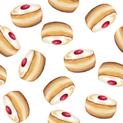 Jewish Hanukkah holiday food, watercolor illustration of a  jelly donut with sugar powder pattern set - 738942675