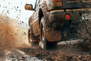 Off-road vehicle with mud splashes on the road. Off-road vehicle