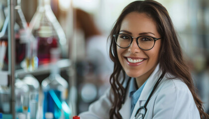 Young medical student doing research in the clinical lab she is smiling and looking at camera. Copy space image. Place for adding text