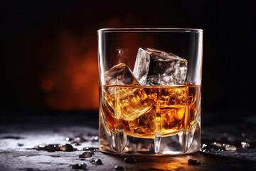 Iced Whiskey Glass on Black Stone Background, Luxury Bourbon with Ice Cubes, Cold Brandy, Whisky