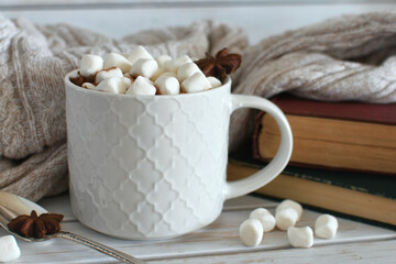 A mug of hot chocolate cocoa with marshmallows with books and cozy blanket throw, hygge background, top view