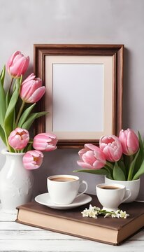 Blank picture frame mockup. Wooden bench, table composition with cup of coffee, old books. Spring bouquet of pink tulips, white daffodils. Hawthorn, guelder rose flowers. 