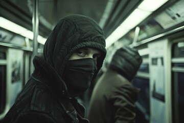 A person bundled up in a winter jacket and hood, with a black face mask, gazes into the camera on a subway car, evoking a sense of urban anonymity