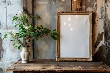 A golden blank frame sits on a rustic wooden table