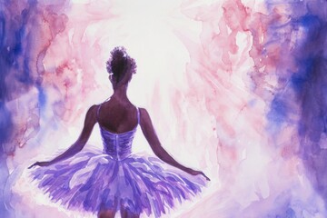 a painting of a ballerina in a violet tutu - obrazy, fototapety, plakaty