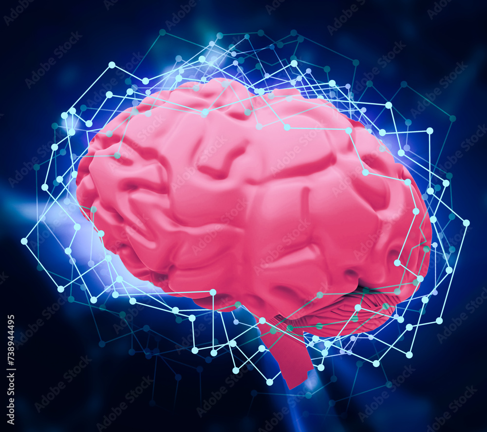 Poster technology and brain surronded with glowing poly texture, wallpaper. machine learning and artificial