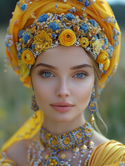 portrait of a young woman in Ukrainian national costume, emphasis on yellow and blue elements of the attire