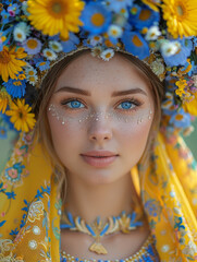 portrait of a young woman in Ukrainian national costume, emphasis on yellow and blue elements of the attire