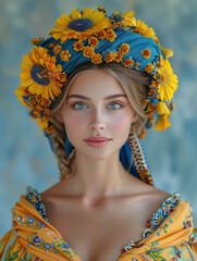 portrait of a young woman in Ukrainian national costume, emphasis on yellow and blue elements of the attire