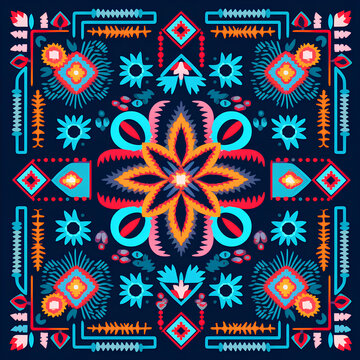 Minimalistic traditional huichol geometric ornament. Colorful mexican pattern. Seamless illustration for print, textile, tile, fabric, interior, design, decor