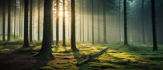 A serene woodland scene illuminated by ethereal sun rays filtering through the tall trees.