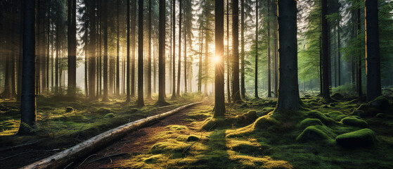 A serene woodland glows as delicate sunbeams pierce through the foliage, creating a tranquil ambiance.