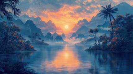 Malarstwo przedstawiające zachód słońca przy tropikalnej szerokiej rzece - obrazy, fototapety, plakaty