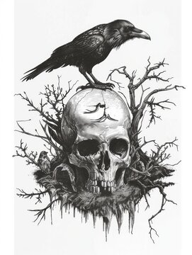 recommend clip art: Crow perched on skull, ominous