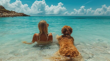 Kobieta i pies są w wodzie, relaksują się podczas wakacji. - obrazy, fototapety, plakaty