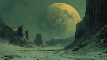 Obrazy na Plexi  Fotografia przedstawia nieziemski krajobraz z górami, skałami oraz gigantycznym księżycem na tle grungeowego tła.