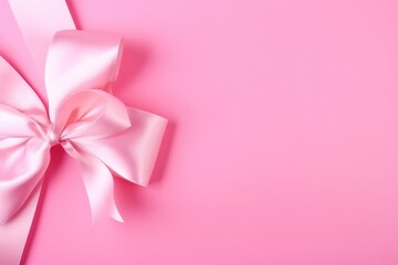 Holiday pink background with satin bow, ribbon. Flat lay, top view, copy space. Valentine's day, Mother's day, Women's Day, Wedding, love concept