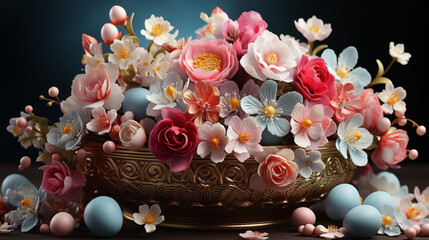 Wicker basket with beautiful spring flowers surrounded by Easter eggs.