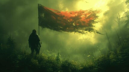 Mężczyzna przechodzi przez las, trzymając w ręku czerwoną flagę. - obrazy, fototapety, plakaty