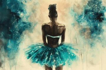 a painting of a ballerina in a turquoise tutu - obrazy, fototapety, plakaty