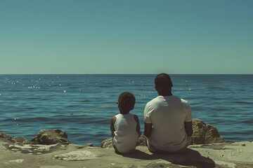 Fototapeta premium black father in a white t shirt and his son sitting by the ocean