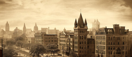 "Sepia-toned vintage photograph capturing the charm of an old city with a nostalgic ambiance."