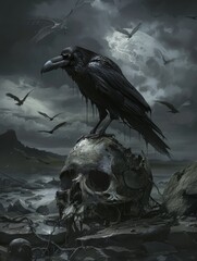 Fototapeta premium Crow perched on skull, ominous