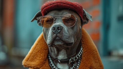 Pies noszący okulary przeciwsłoneczne i czerwony kapelusz. - obrazy, fototapety, plakaty