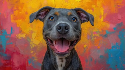 Na zdjęciu widać bliską fotografię szczęśliwego psa, którego paszcza jest otwarta, na tle kolorowej ściany - obrazy, fototapety, plakaty