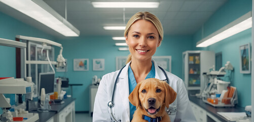 Woman doctor veterinarian and cute dog in the clinic looking