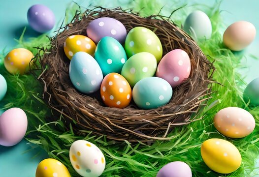 A close-up view of a vibrant Easter egg nest overflowing with brightly colored eggs, some patterned