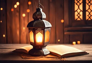 Arabic lantern ablaze with warm light, set upon a rustic wooden table against a serene Ramadan background