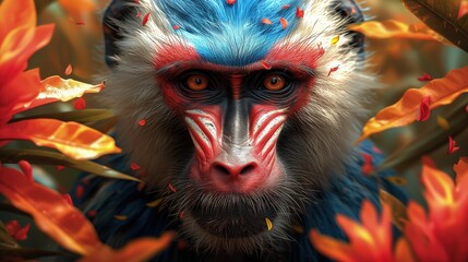 Zdjęcie przedstawia małpę o niebiesko-czerwonym obliczu, która jest otoczona liśćmi. - obrazy, fototapety, plakaty