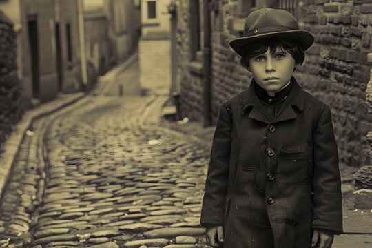 boy standing up in middle of cobbled road, in the 1800s