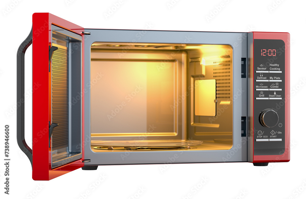 Poster red microwave oven with opened door, 3d rendering isolated on transparent background